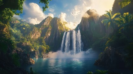 Fototapeta premium Lush jungle waterfall cascading into serene pool, mountains backdrop; travel poster
