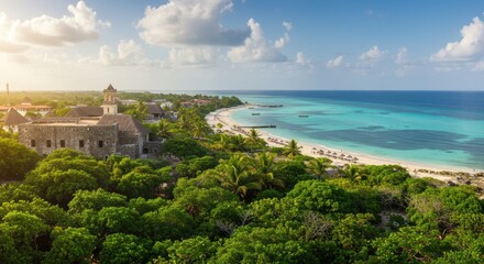 An idyllic Zanzibar beach lined with swaying palm trees and crystal-clear turquoise waters, capturing the essence of a tropical paradise. Perfect for travel, relaxation, and exotic destination themes