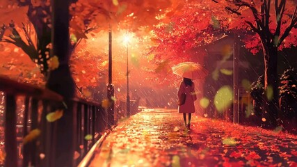 Looping Autumn landscape on Japanese anime style repeat animation footage