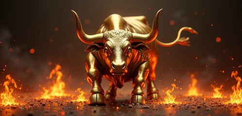 A striking golden bull amidst flames symbolizes strength, prosperity, and bullish market trends. Perfect for finance, investment, and motivational themes.