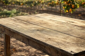 Fototapeta premium Spacious rustic wooden table perfect for gatherings and creative work in a cozy setting.