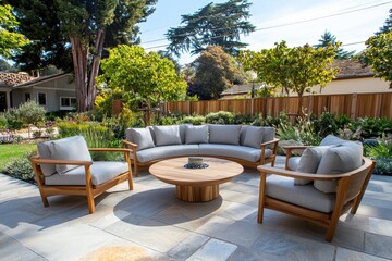 Serene outdoor living space with modern teak furniture on a stone patio surrounded by lush garden greenery under a bright blue sky creating a peaceful ambiance
