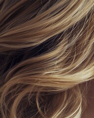 Naklejka premium Close-up of beautiful hair texture, light brown in color, wavy and shiny.