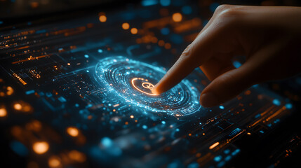 14h Professional high resolution photograph close shot business hand reaches finger points at futuristic holographic simple tool symbols menu