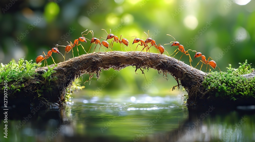 Poster team of industrious ants collaboratively constructing a sturdy bridge over a natural obstacle in the