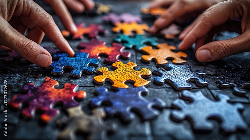 Poster teamwork and collaboration concept depicted through hands assembling colorful jigsaw puzzle pieces o