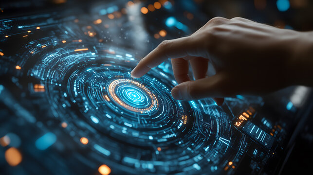 14h Professional high resolution photograph close shot business hand reaches finger points at futuristic holographic simple tool symbols menu