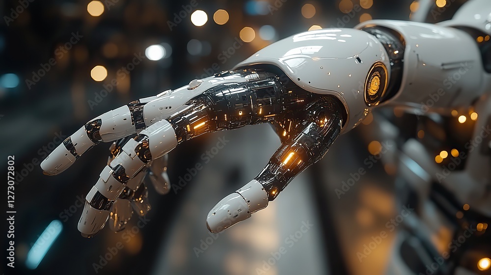 Poster the future of customer service robot hands pointing to laptop button with advisor chatbot concept