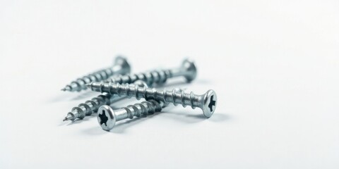 Close-up view of several metallic screws, showcasing their intricate threading and precise design, on a clean, bright background