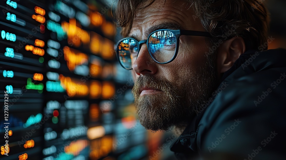 Poster trader examining data on interactive digital screen with price graphs financial indicators and stock