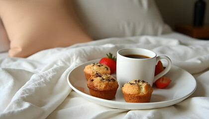 'Coffee and breakfast in bed': Breakfast in bed with a cup of coffee, fresh scones and fruit, surrounded by soft pillows and a warm blanket.