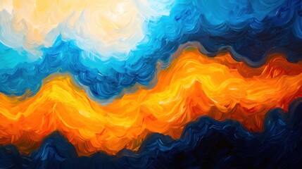 Obraz premium Abstract fiery and icy landscape, digital painting of contrasting colors and textures, vibrant hues of orange, blue and white, resembling a surreal dreamscape or fiery clouds.