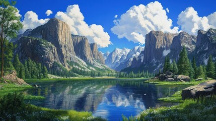 Fototapeta premium Calm mountain lake reflecting sunny sky, ideal for travel brochure