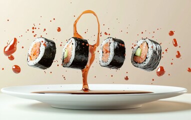 Floating plate of sushi rolls with soy sauce splashes, isolated on a pastel background