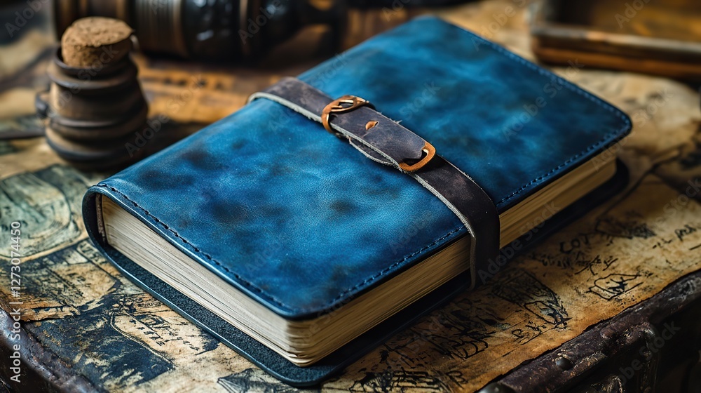 Poster traveler s notebook with blue leather cover for documenting adventures journals and memories in high