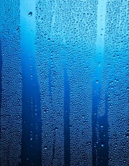 Blue pure water drops, isolated, blue background, realistic rain droplets, dew on glass, smooth reflections, glistening surface, fresh ambiance, soft gradients, transparent clarity.

