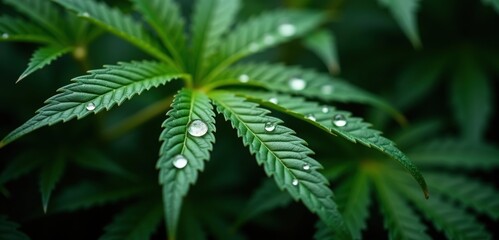Close-up of vibrant cannabis leaves with dew drops, showcasing the beauty of nature and the cannabis industry.