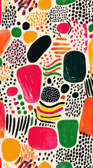 colorful, hand-drawn style seamless pattern with various organic shapes and textures