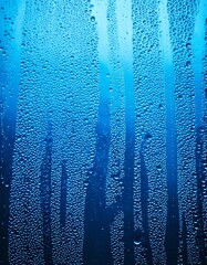 Blue pure water drops, isolated, blue background, realistic rain droplets, dew on glass, smooth reflections, glistening surface, fresh ambiance, soft gradients, transparent clarity.

