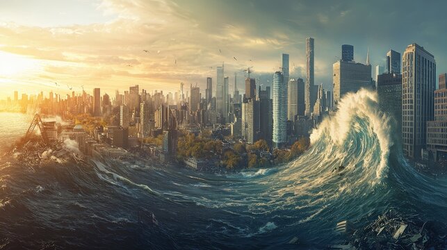 Gigantic tsunami is approaching the city, flashover city cataclysm landscape panorama