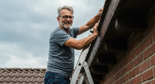 A man smiles while repairing the roof of his house using a ladder on an overcast day