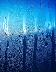 Blue pure water drops, isolated, blue background, realistic rain droplets, dew on glass, smooth reflections, glistening surface, fresh ambiance, soft gradients, transparent clarity.

