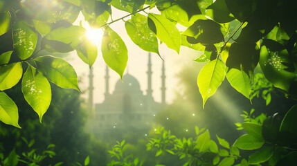 Sunlit Leafy Frame With Mosque Silhouette at Sunrise for Inspiration