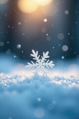 Snowflake gently touches down on snowy ground, soft landing, serene landscape, delicate snowfall