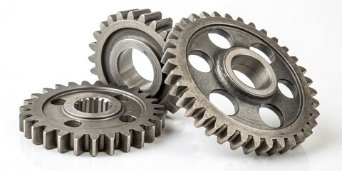 Three Steel Cog Gears Isolated on White Background - High-Resolution Industrial Mechanism Photo for Engineering, Manufacturing, and Mechanical Design Use