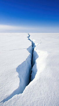 vast ice field with prominent crack running through it, showcasing stark beauty of winter landscapes