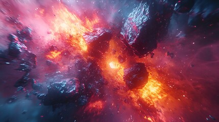 Fiery cosmic collision, asteroids clashing, nebula background, space battle scene, sci-fi imagery