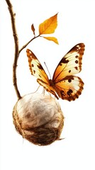 A butterfly perches delicately on a nest, showcasing nature's beauty with warm colors and textures