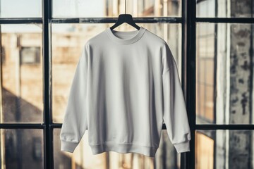 Minimalist White Sweatshirt Hanging in Urban Loft Setting