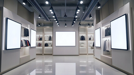 Fashion boutique with small square blank smart screens, perfect for designer ads or seasonal collections.