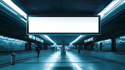 Blank billboard integrated into the ceiling of a dimly lit airport baggage claim zone.