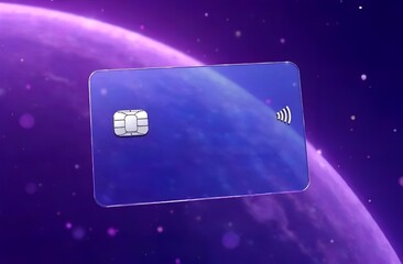 A bank card on the background of a purple planet and outer space. Creative mockup of the card for online payment in the store