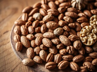 Fototapeta premium Pile of Pecans and Walnuts on Wooden Surface