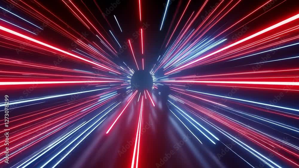 Poster dynamic display of red and blue light beams creates futuristic tunnel effect, evoking speed and moti
