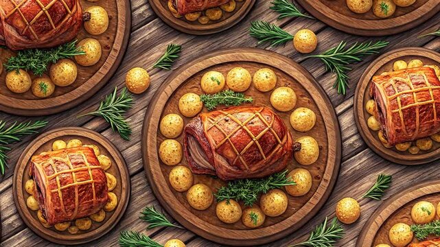 Schweinshaxe. Pork knuckle. Seamless background. Pork knuckle with potato dumplings, wooden plate. The dish is garnished with fresh herbs, probably parsley or dill, which adds a bright accent 