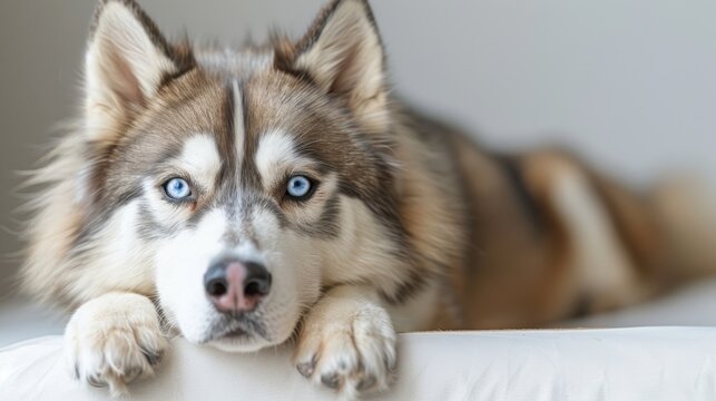 Beautiful husky dog with striking blue eyes relaxing on a sofa