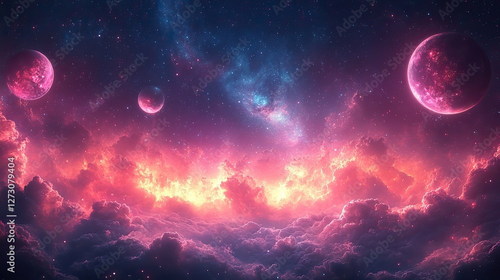 Poster vibrant abstract space background with cosmic planets and celestial elements