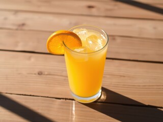 Refreshing Orange Juice with Ice Cubes on Wooden Table