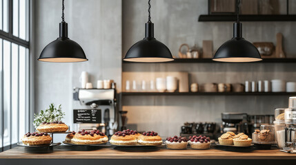 A cozy countertop scene with artisanal pastries, including cinnamon rolls, berry-topped cheesecakes
