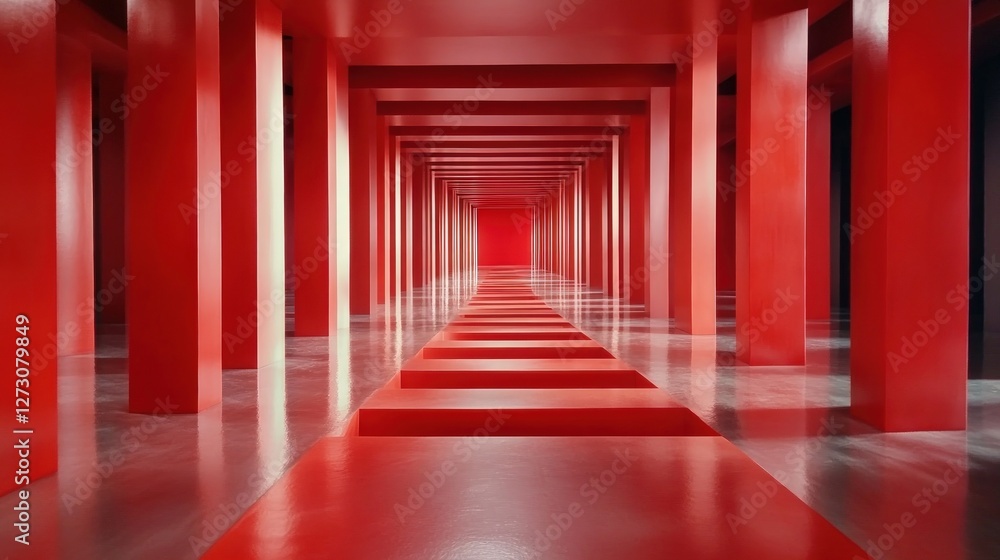 Aufkleber vibrant red architectural space with columns and symmetrical design