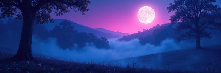 Fototapeta premium Softly glowing moonlight illuminates a misty forest with shades of blue purple pink, abstract, moonlight