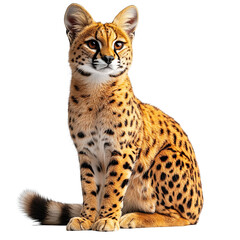 Angled view full body shot of an extremely perfect looking single Serval isolated on a white transparent background