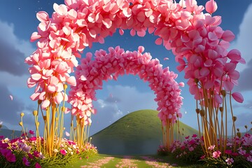 Ethereal gateway formed by floating petals and golden stems in a surreal, dreamlike setting