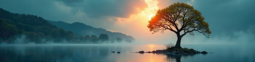 Solitary tree glistens under the soft glow of rainy weather with its leaves and branches stretching towards the sky, landscape, water, branch