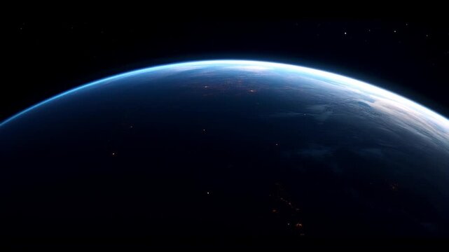 Abstract planet at night, space view. Planet with electric lightning covering continents in complete darkness.