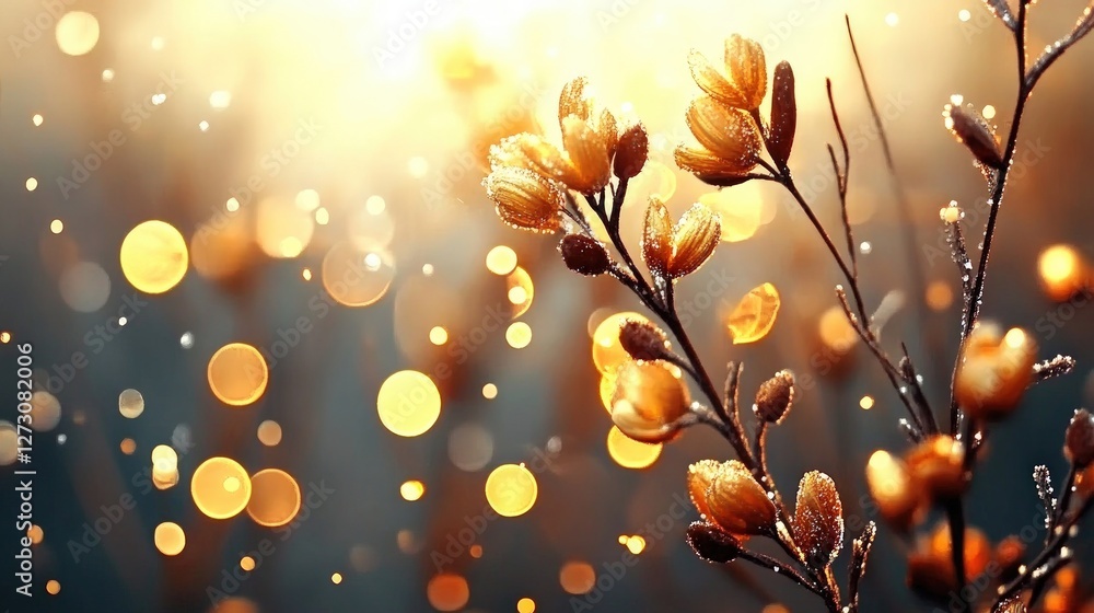 Poster golden blossoms glimmering in soft light with dew drops sparkling